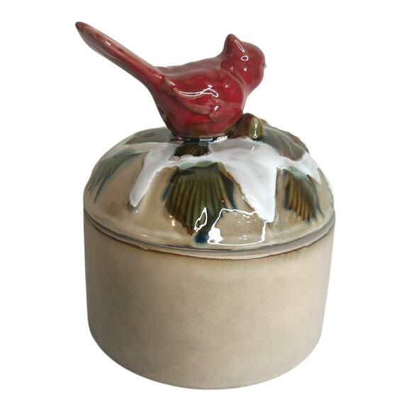 Vintage Winter Cardinal Scene Lidded Ceramic Porcelain Canister Trinket Box - Picture 6 of 10